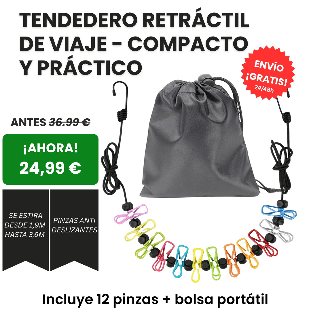 Tendedero Retráctil para Interior, Viaje y Camping de 12 Pinzas